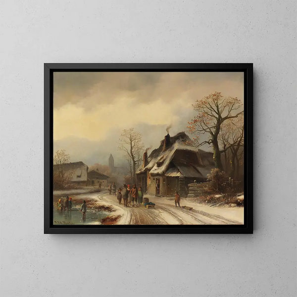 Vue d'un village en hiver - Anton Doll — indrammet kunstværk på væggen