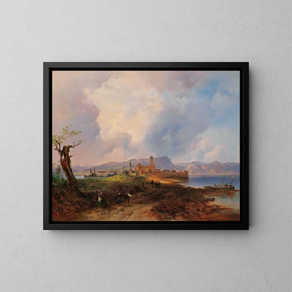 Vue du château de Sermione sur l'île de Sermione au lac de Garde - Anton Hansch — indrammet kunstværk på væggen