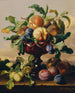 Naturtro på ferskner og blommer i en rød glas skål - Anton Hartinger — visning af kunstværket