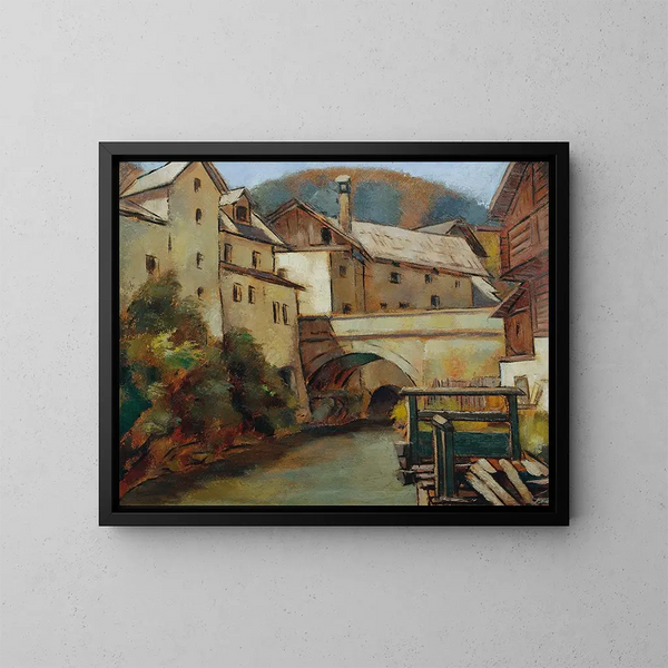 Vue d'une ville avec fleuve et pont - Anton Hula | Reproduction — indrammet kunstværk på væggen