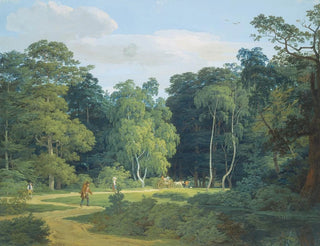 Anton Radl - Weg im Wald zwischen Birken und Buchen mit mehreren Wanderern und einem Bauernwagen mit zwei Schimmeln.webp
