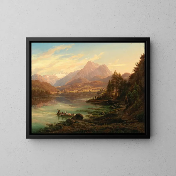 Vue du lac Altausseer vers le Karlseisfeld au Dachstein, le haut Seirrstein et les ruines de Pfluigsberg et de la maison du baron Zedlitz au bord du lac - Anton Schiffer — indrammet kunstværk på væggen