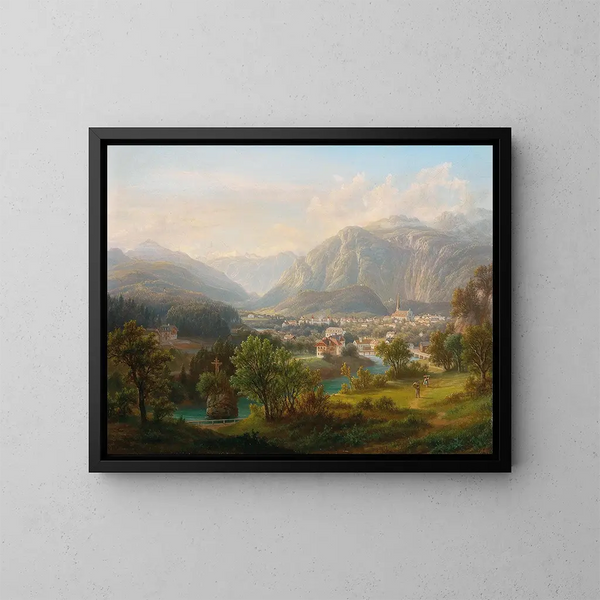 Vue depuis le nouveau Schmolnau vers le Kreuzstein sur la Traun en direction de Lauffen og du Dachstein, Ischl, Øvre Østrig - Anton Schiffer — indrammet kunstværk på væggen