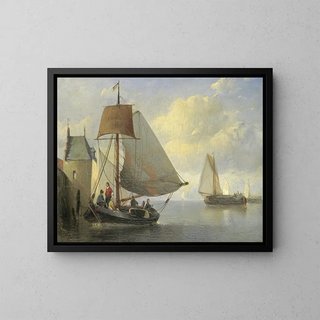 Vue de rivière avec une tour de guet inspirée de la tour de Camperveer à Veere - Antonie Waldorp — indrammet kunstværk på væggen