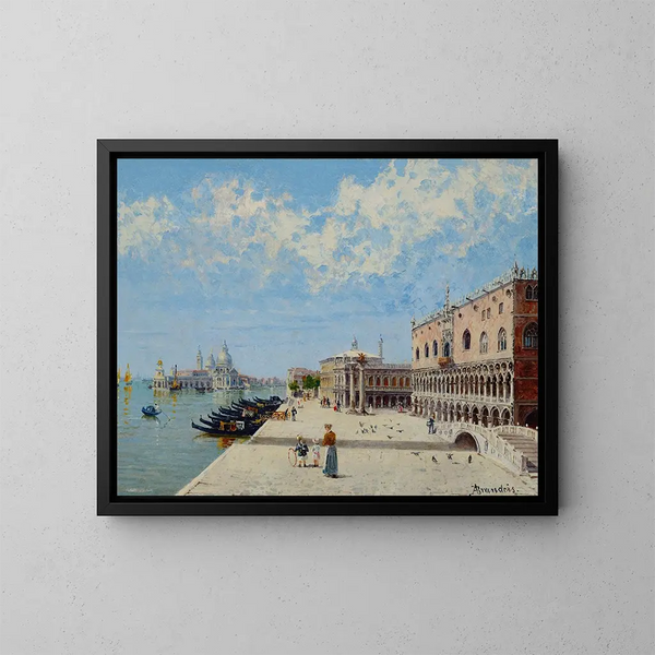Figurer ved Molo med Libreria, Punta della Dogana og Santa Maria della Salute i det fjerne - Antonietta Brandeis — indrammet kunstværk på væggen