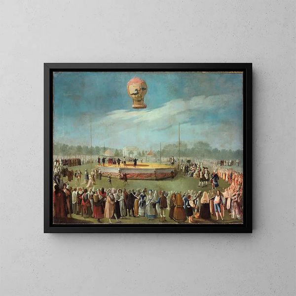 maleriet Ascension d'un ballon en présence du roi Charles IV et de sa cour - Antonio Carnicero — indrammet kunstværk på væggen