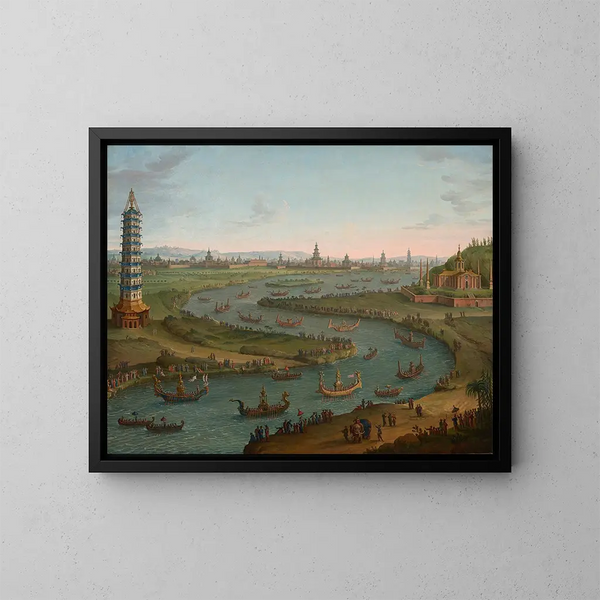 En skødespil med den franske ambassadeur, der nærmer sig Siam-kongens palads i en statskutter i oktober 1685 - Antonio Joli — indrammet kunstværk på væggen