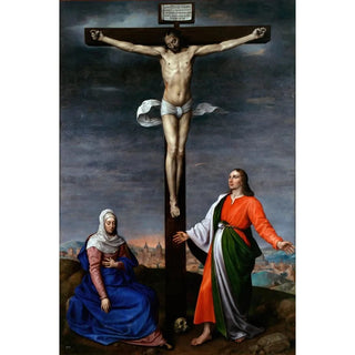 Antonis Mor - La obra muestra a Jesucristo crucificado junto a la Virgen Mara y San Juan Evangelista.webp