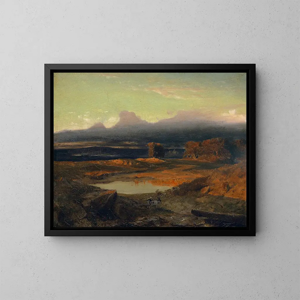 Landskab ved solnedgang 1849 - Arnold Böcklin — indrammet kunstværk på væggen