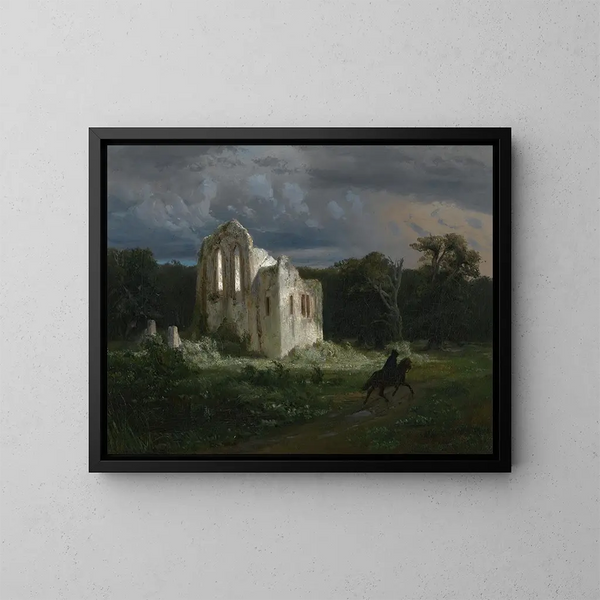 Landskab med natlig udsigt med ruin - Arnold Böcklin — indrammet kunstværk på væggen