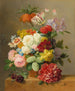 naturtro med roser, peoner, tulipaner, narcisser, morgenfruer og andre i en vase på en marmor kant - Arnoldus Bloemers — visning af kunstværket