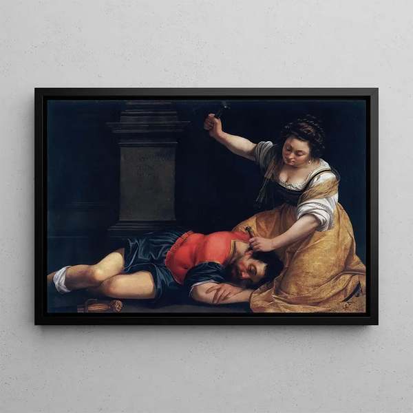 Jaël og Sisera - Artemisia Gentileschi — indrammet kunstværk på væggen