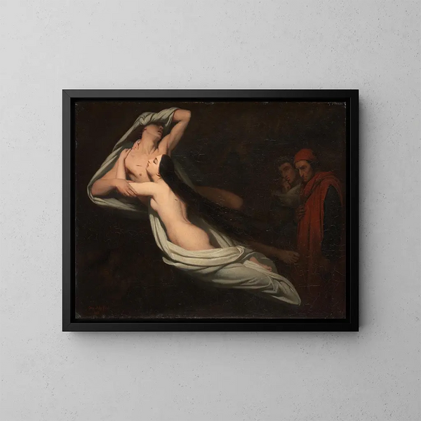 Dante og Virgilio møder skyggerne af Francesca da Rimini og Paolo - Ary Scheffer — indrammet kunstværk på væggen