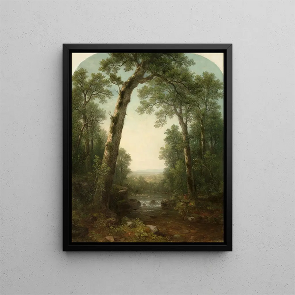 Ruisseau forestier avec vue - Asher Brown Durand — indrammet kunstværk på væggen