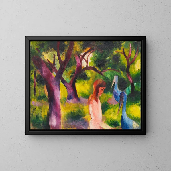 Filles med blå fugle - August Macke — indrammet kunstværk på væggen