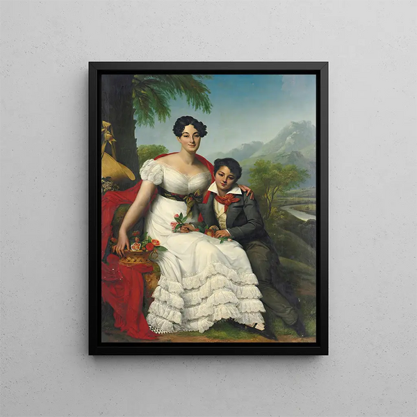 Portrait af en dame og hendes søn - August Riedel — indrammet kunstværk på væggen