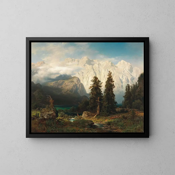 En udsigt over Watzmann-bjerget og Königssee-søen - August Wilhelm Leu — indrammet kunstværk på væggen