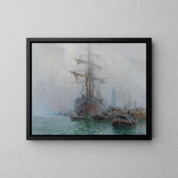 Bateaux de pêche au quai - August von Ramberg — indrammet kunstværk på væggen