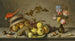 En papegøje på en opvredet kurv med frugt, en tinfad og skaller på en stenrand - Balthasar van der Ast — visning af kunstværket