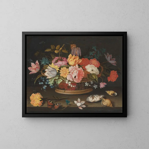 Blomster i en kurv på en bord - Balthasar van der Ast — indrammet kunstværk på væggen