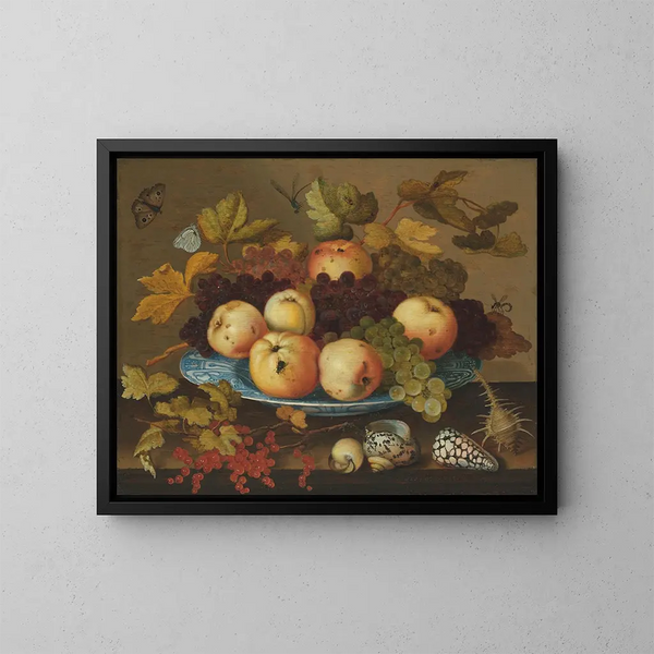 Frugt på en porcelænsfad Wanli på et bord - Balthasar van der Ast — indrammet kunstværk på væggen