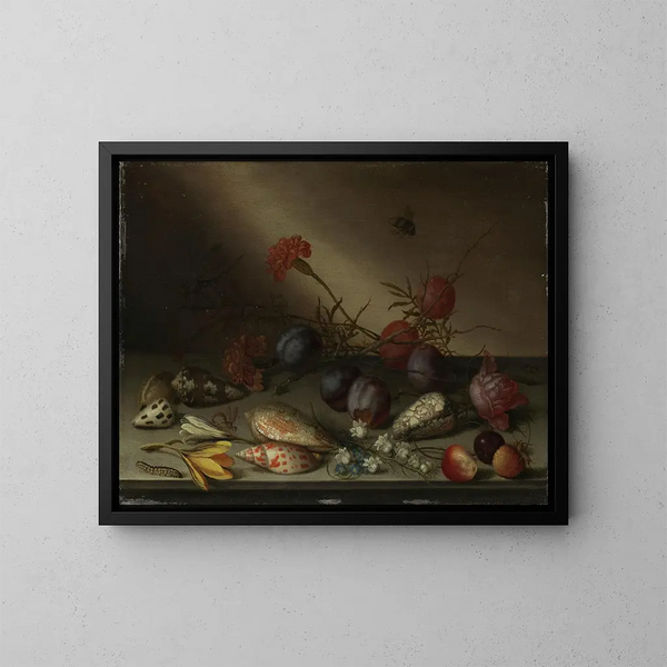 naturtro med muslinger, frugt og blomster - Balthasar van der Ast — indrammet kunstværk på væggen