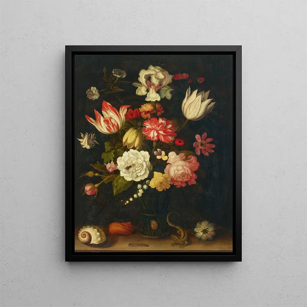 Balthasar van der Ast - Tulips carnations roses and other flowers in a roemer with shells and a lizard on a ledge.webp