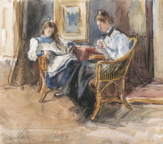 Barbara Elisabeth van Houten - Handwerkende dame en lezend meisje in rieten stoelen gezeten in het huis aan de Riouwstraat 6 te Den Haag.webp
