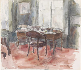 Barbara Elisabeth van Houten - Het bureau in de studeerkamer van meneer S van Houten in het huis aan de Riouwstraat 6 te Den Haag.webp