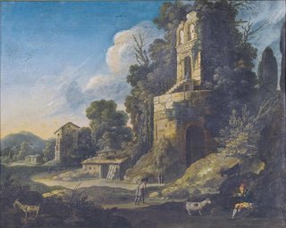Landskabsmaleri med kursiv med bygninger og en hyrde, der spiller fløjte - Bartholomeus Breenbergh — visning af kunstværket