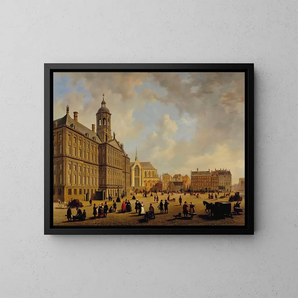 En travl dag foran rådhuset på Dam-pladsen med Nieuwe Kerk i det fjerne, Amsterdam - Bartholomeus Johannes van Hove — indrammet kunstværk på væggen