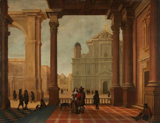 Bartholomeus van Bassen - An architectural capriccio with elegant figures and a church beyond.webp