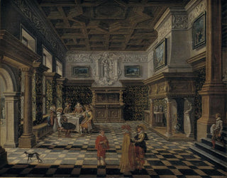 Indretningsmaleri af overdådigt renaissanceinteriør med en banket - Bartholomeus van Bassen — visning af kunstværket