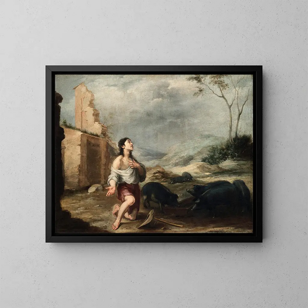 "Den fortabte søn, der fodrer grise" - Bartolomé Esteban Murillo — indrammet kunstværk på væggen