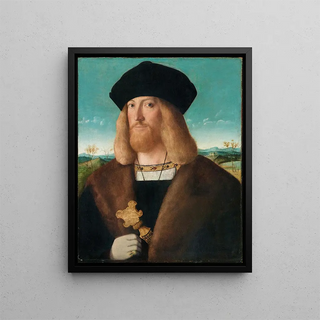 Bartolomeo Veneto - Portrait Of A Bearded Man HalfLength Wearing A FurLined Coat And Holding A Dagger A Landscape Beyond.webp
