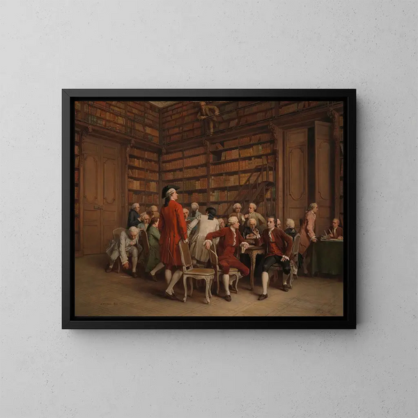 Les encyclopédister ved kongens bibliotek - Benjamin Eugène Fichel — indrammet kunstværk på væggen