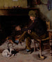 En mand med sin hund foran en pejs - Benjamin West Clinedinst — visning af kunstværket