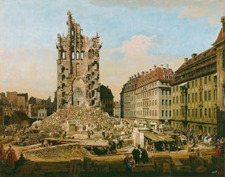 "Les ruines de l'ancienne Kreuzkirche de Dresde" af Bernardo Bellotto — visning af kunstværket