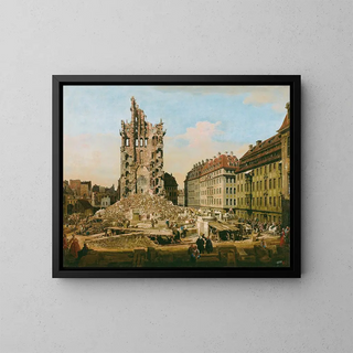 "Les ruines de l'ancienne Kreuzkirche de Dresde" af Bernardo Bellotto — indrammet kunstværk på væggen