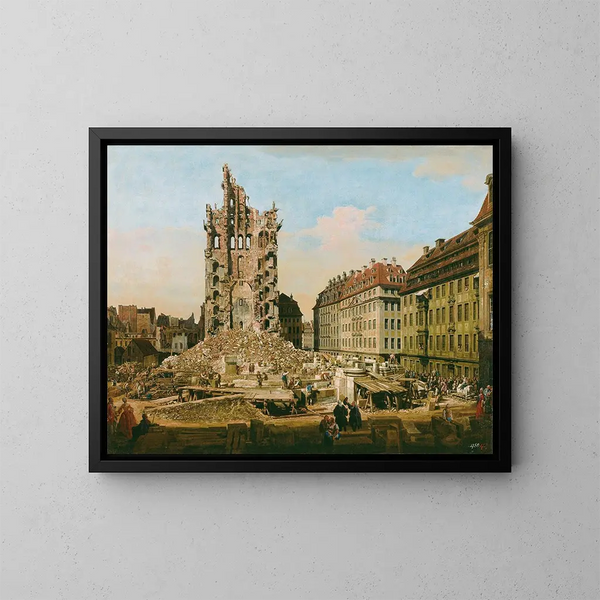 "Les ruines de l'ancienne Kreuzkirche de Dresde" af Bernardo Bellotto — indrammet kunstværk på væggen