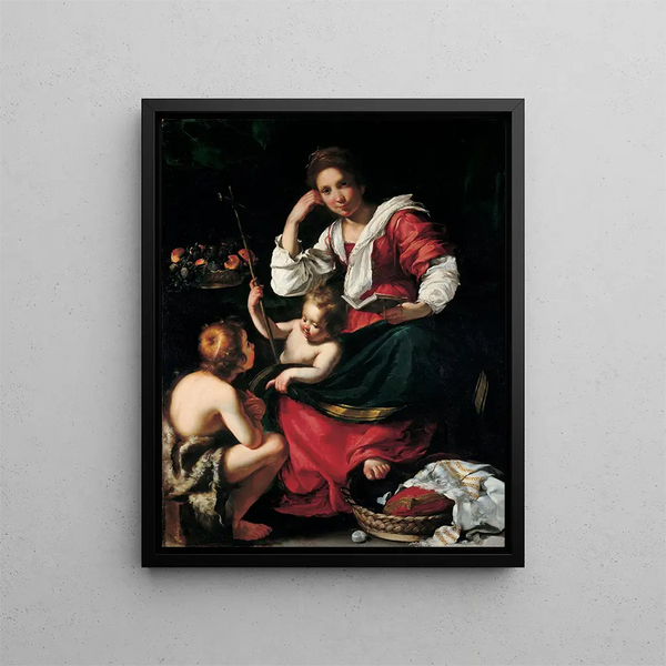 Den Jomfru med barnet med den unge Johannes - Bernardo Strozzi — indrammet kunstværk på væggen