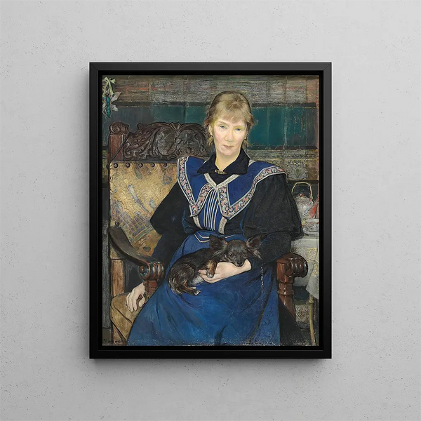 Bertha Wegmann - Kvinde i bl kjole med en lille hund i skdet.webp