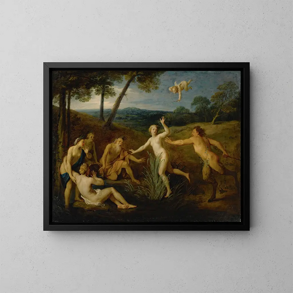 Pan og Syrinx - Bon Boullogne — indrammet kunstværk på væggen