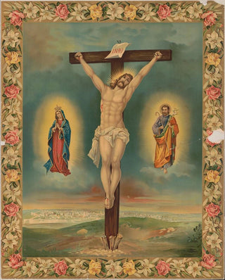 Calvert Litho Co - Crucifix with saints and flower garland frame.webp