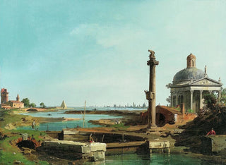 et lås, en søjle og en kirke ved kanten af en lagune - Canaletto | Reproduction — visning af kunstværket