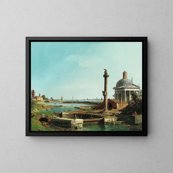 et lås, en søjle og en kirke ved kanten af en lagune - Canaletto | Reproduction — indrammet kunstværk på væggen