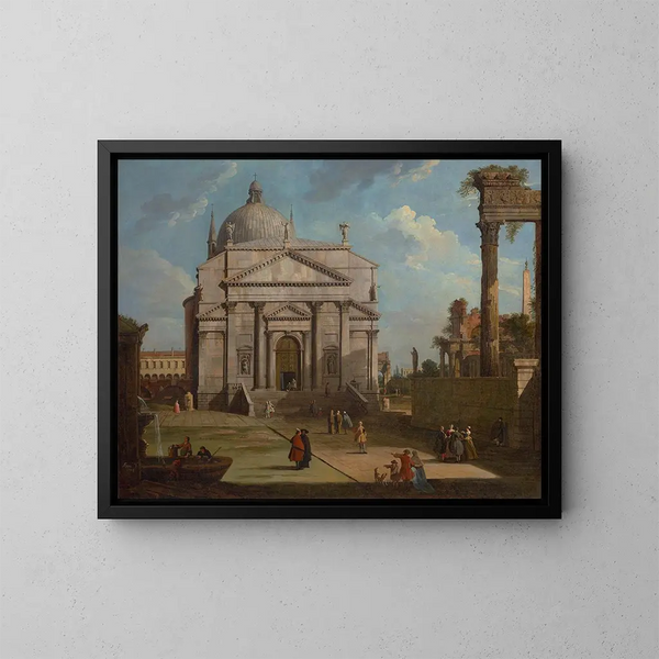 Un caprice med kirken Reddende Kristus - Canaletto — indrammet kunstværk på væggen