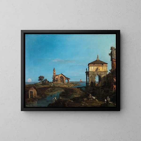 En ø i lagunen med en dør og en kirke - Canaletto — indrammet kunstværk på væggen
