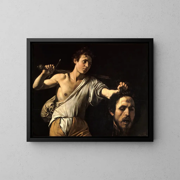 David-maleri med Goliaths hoved - Caravaggio — indrammet kunstværk på væggen