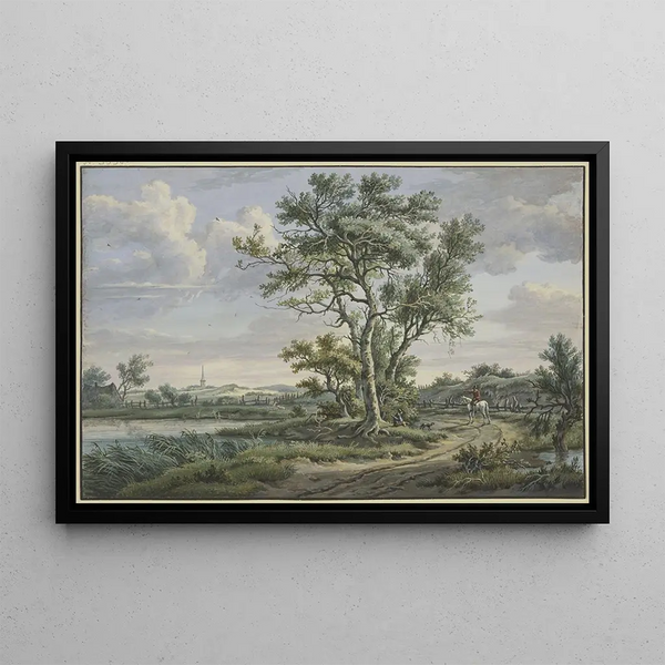 Carel Lodewijk Hansen - Baumgruppe am Wasser ein Reiter auf einem Schimmel spricht mit einem sitzenden Bauern.webp